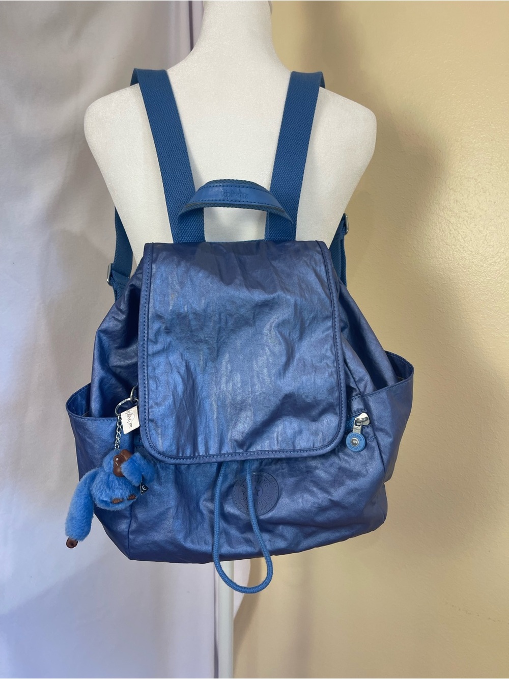 Kipling City Pack Metallic Blue Backpack Small Slouchy Y2K Monkey Charm Nylon
